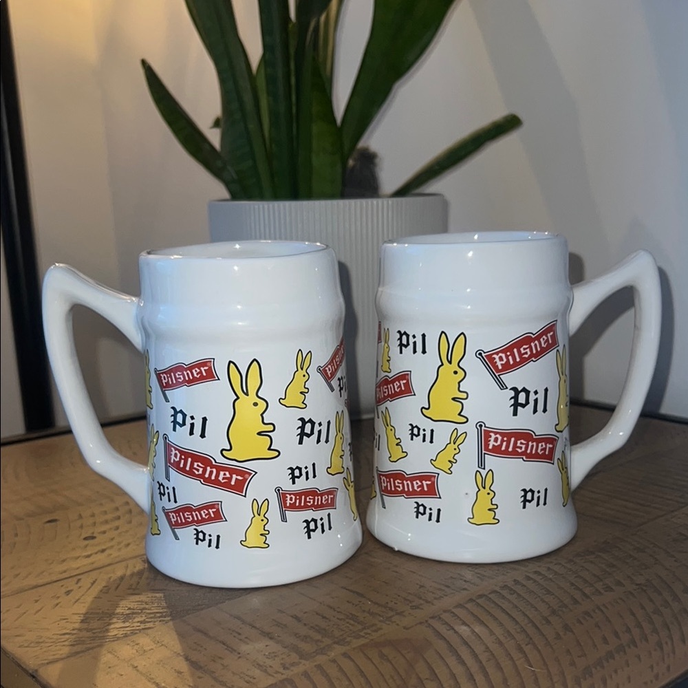 Vintage White Ceramic Pilsner Beer Mugs - Set of 2